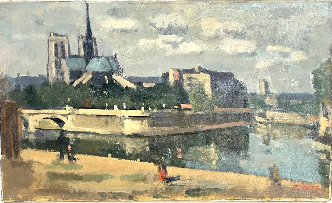 OVE OLSON. Olja på duk, katedralen Notre Dame vid Seine, Paris, signerad Olson samt daterad -51. — Paintings — Roslagens Auktionsverk