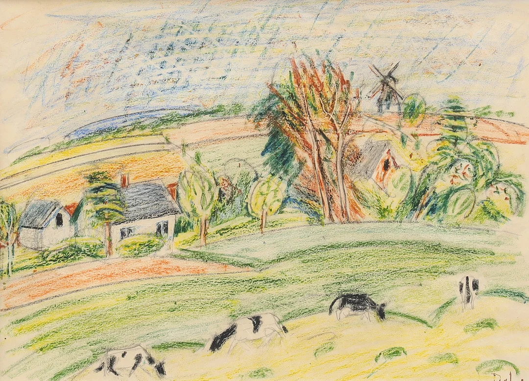 DAVID LARSSON. blandteknik på papper, betande kor, monogramsignerad D.L. — Paintings — Auktionsmagasinet Vänersborg
