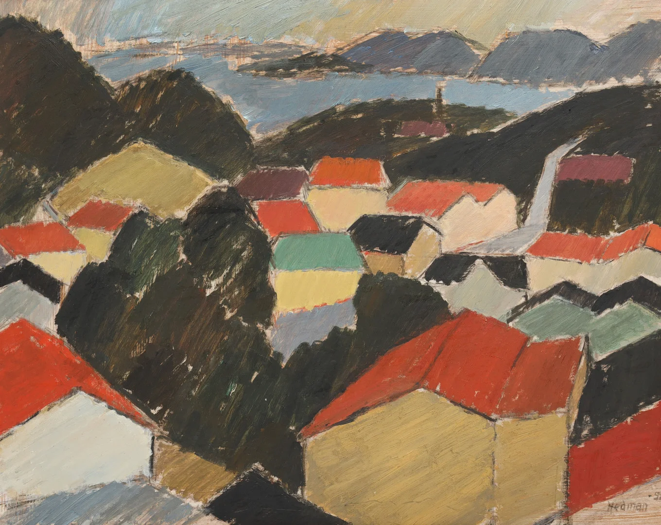 JOHN HEDMAN (1913-1994) "Ovanför staden, Kramfors", olja på pannå. — Engravings & Prints — Stockholms Auktionsverk Helsingborg