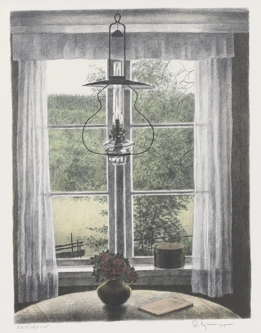 REINHOLD LJUNGGREN. Utsikt från ett fönster, färglitografi, signerad och numrerad XXVIII/XLV. — Engravings & Prints — Växjö Auktionskammare