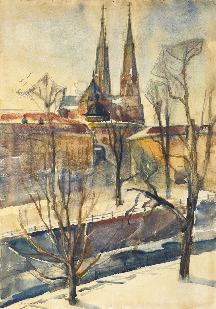 INGEGERD BESKOW (Uppsala 1887-1978 Stockholm), Domkyrkan, Uppsala, signerad, akvarell. — Paintings — Crafoord Auktioner Stockholm