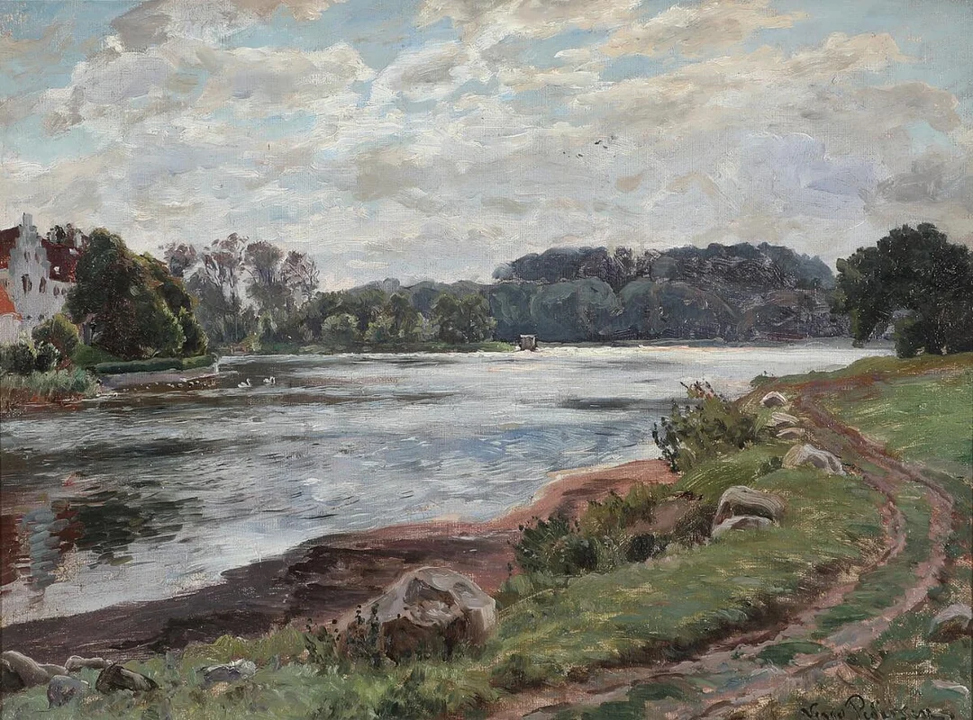 Viggo Pedersen: View from Frydendal Lake. 1892. Signed Viggo Pedersen. Dated on the stretcher. Oil on canvas. 38×51 cm. — Paintings — Bruun Rasmussen
