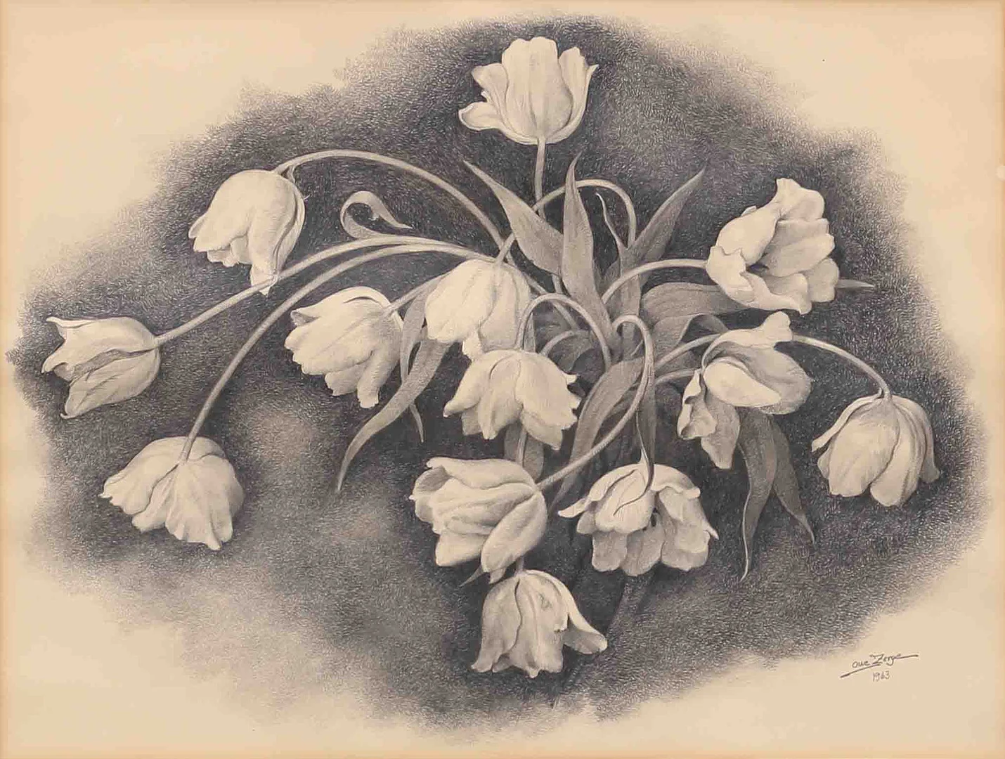 OWE ZERGE. Stilleben med tulpaner, blyertsteckning, signerad och daterad 1963. — Drawings — Garpenhus Auktioner
