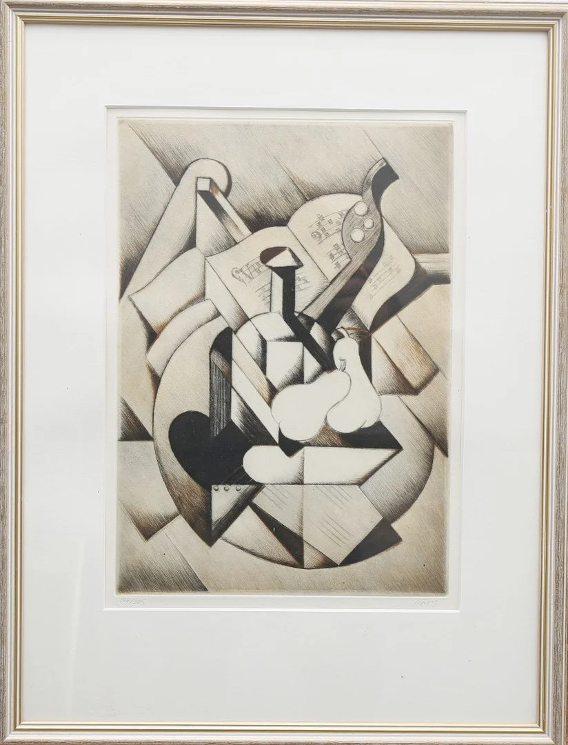 GEORG NILSSON. Etsning, kubistiskt stilleben, signerad Georg, numrerad 166/225. — Engravings & Prints — Limhamns Auktionsbyrå