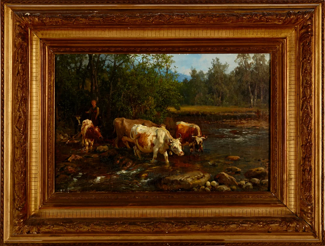 Askevold, Anders — Budeie og kyr ved vanningssted, 1877 — Kunst/Maleri — Blomqvist