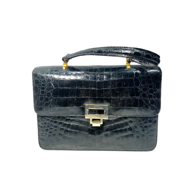 BOLSO DE MANO DE UNA ASA EN PIEL DE COCODRILO NEGRO.
