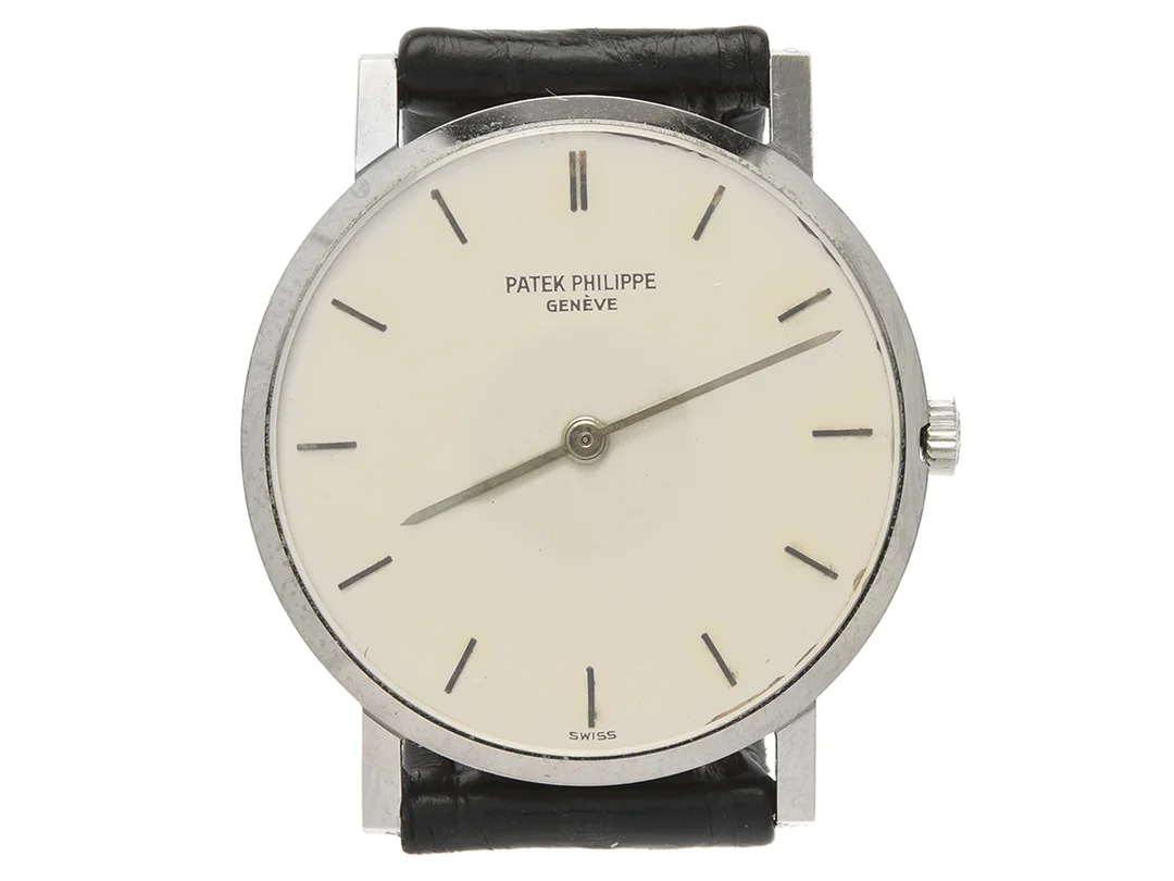 PATEK PHILIPPE, Genève, Cal 175, Serie nr. 1130241, Ref nr. 3470, Boett nr. 314316, unisex, 29,5 mm, 18K vitguld, manuell, safirglas, skadad urtavla, läderband, ca 1970, box. — Klockor/Patek Philippe — Kaplans