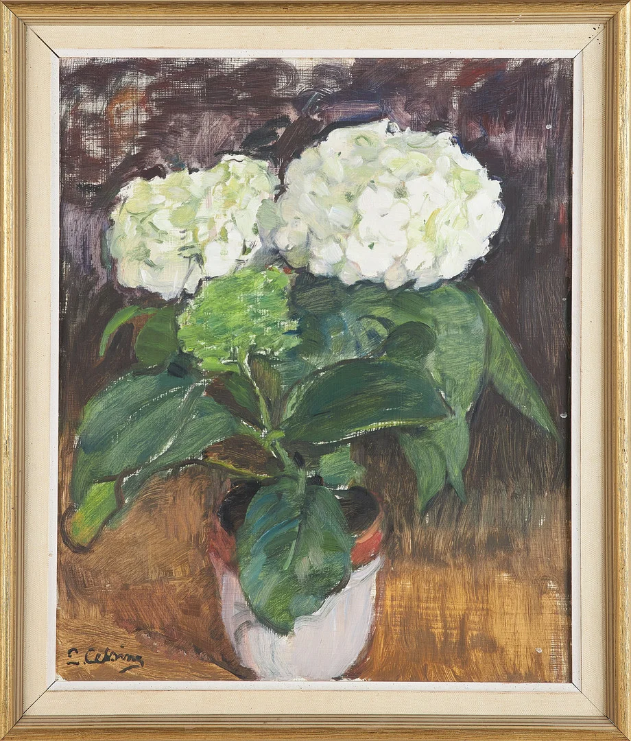 ELSA CELSING (1880-1974). Stilleben med hortensior, olja på pannå, signerad E Celsing. — Paintings — Stockholms Auktionsverk Sickla