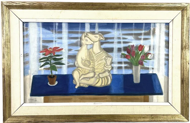BARBRO DANIELSSON (1923 - 2009) olja på duk, stilleben med figurin, signerad BMD samt daterad -50.