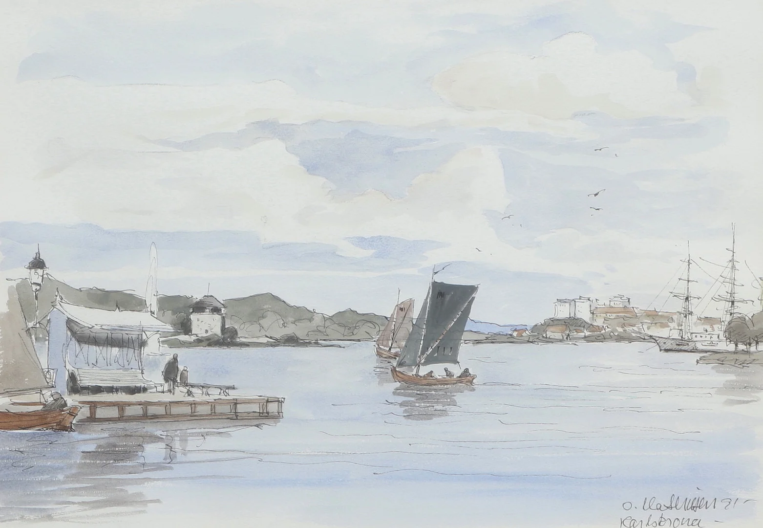 OVE MATHIESEN. Akvarell, Borgmästarfjärden Karlskrona, signerad, daterad -91. — Paintings — Ekenbergs Auktioner