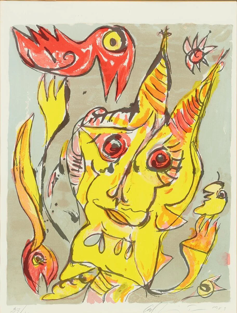 Composition from “The Hill of the Elves” from HC Andersen Suite. Signed Carl-Henning Pedersen 85, 37/250. Published by Juliette Halioua, New York. Liothograph in colours. Visible size 60 × 45 cm. — Modern Prints/CoBrA — Bruun Rasmussen