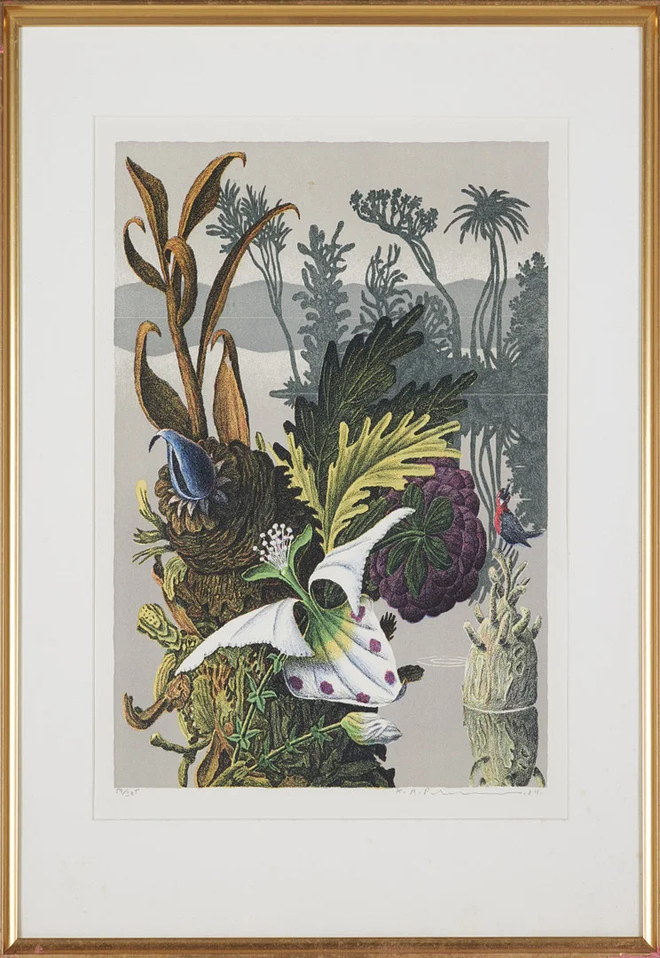 KARL AXEL PEHRSON. Komposition exotiska växter, färglitografi, signerad, numrerad 59/385, daterad -84. — Engravings & Prints — Stockholms Auktionsverk Sickla