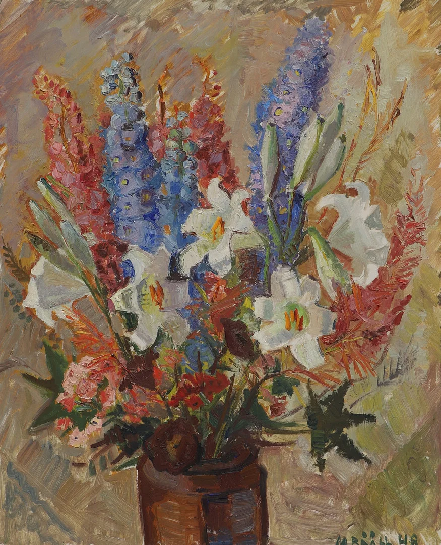 MAJA BÅÅTH. Olja på pannå, blomsterstilleben, signerad och daterad 48. — Paintings — Ekenbergs Auktioner