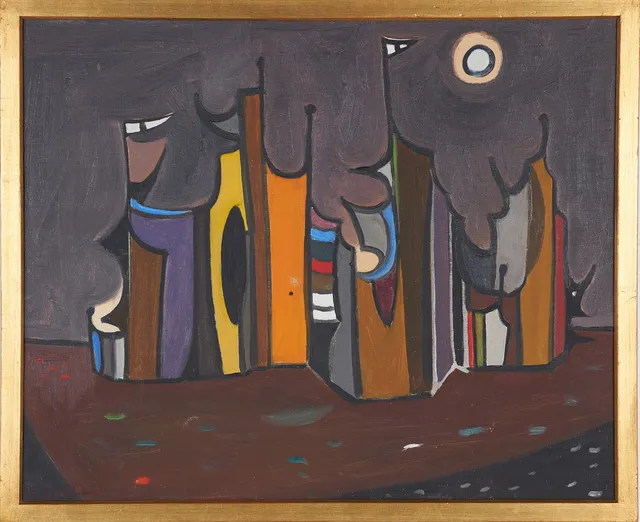 HANS VALTER SUNDBERG (1922-2004). Komposition med tält, olja på duk, signerad.
