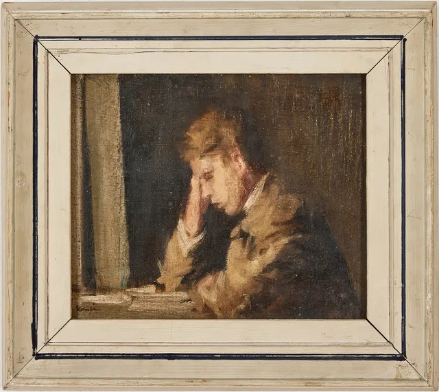 AKKE KUMLIEN. Läsande gosse, olja på duk, 23,5 x 29,5 cm.