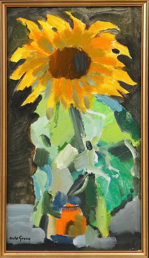 KULO GREEN. Stilleben med solros, olja på pannå, signerad. — Paintings — Göteborgs Auktionsverk