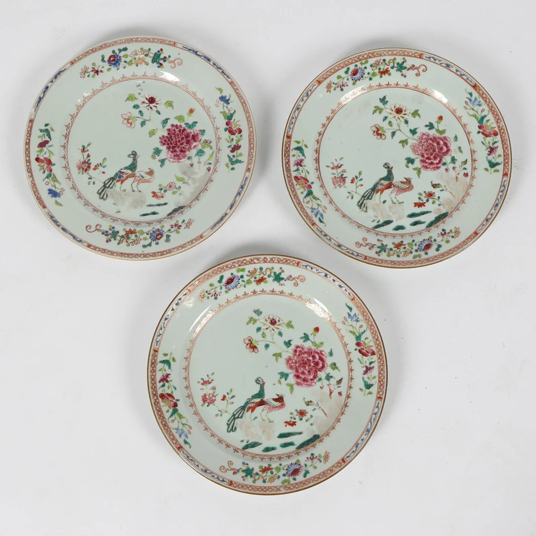 THREE 18TH CENTURY CHINESE QING DYANSTY FAMILLE ROSE PORCELAIN PLATES. — Oriental — Bishop & Miller