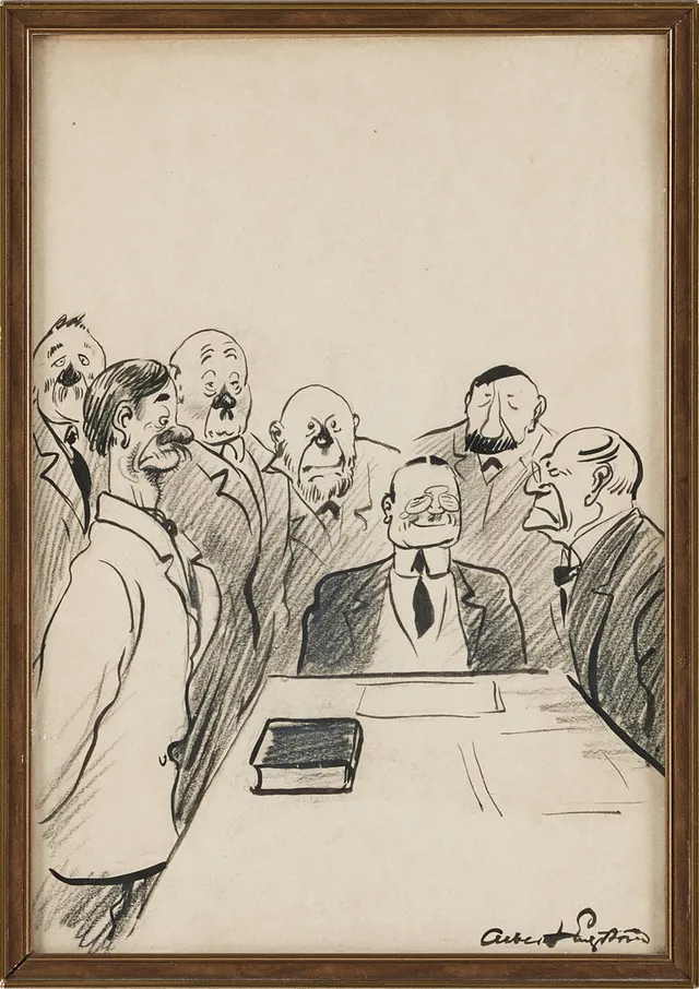 ALBERT ENGSTRÖM. Vittnesförhör, tusch och krita, signerad Albert Engström. Text med dialog på baksidan.