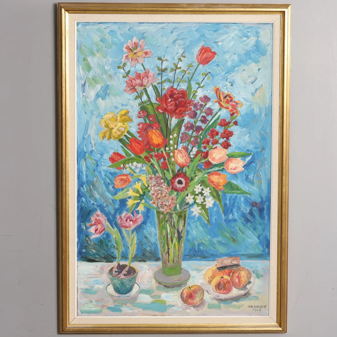 KARL DAHLQVIST. OLJA PÅ PANNÅ, "Stilleben", signerad, daterad 1942. — Paintings — Örebro Stadsauktioner