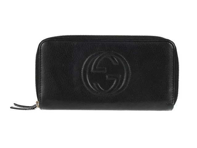 PLÅNBOK, GUCCI, svart läder, Logo GG, guldfärgad beslag, 19x10x4 cm, märkt 306016-2778, mynt, sedel, kort.