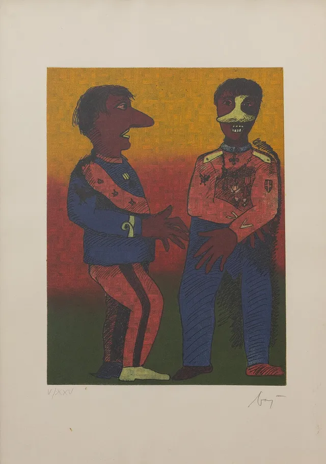 ENRICO BAJ. litografi, numrerad V/XXV samt signerad.