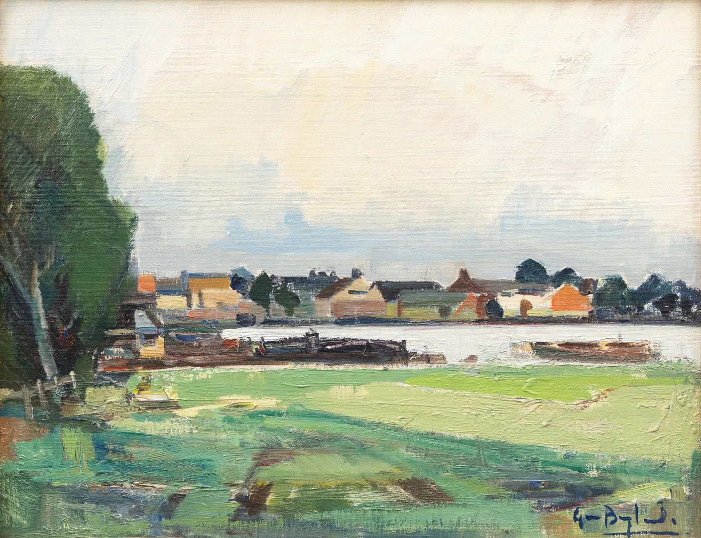 GUNNAR BERGLUND. "Lomma meed Höje å", olja på pannå, signerad. — Paintings — Garpenhus Auktioner