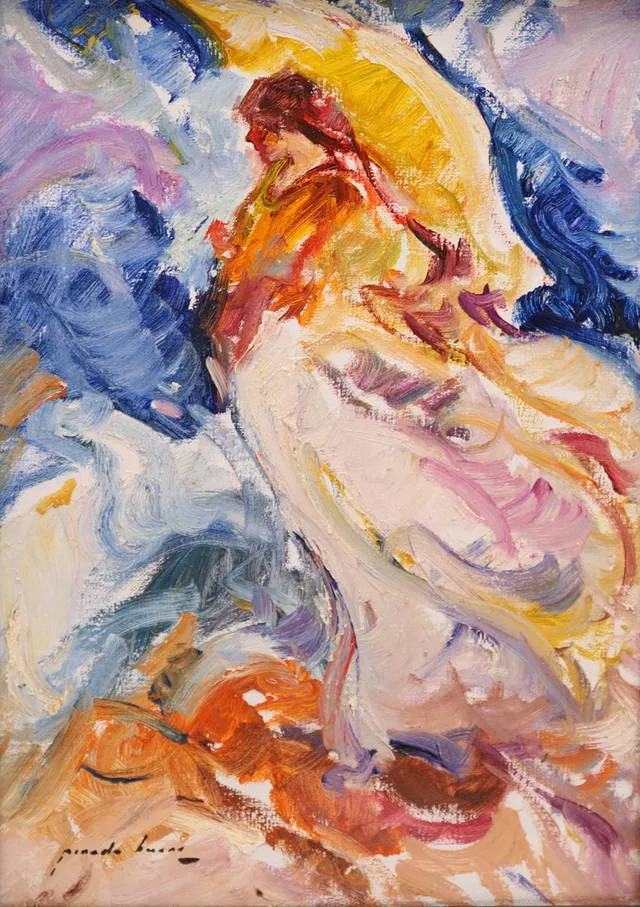 JOSÉ ANTONIO PINEDA BUENO. Figura femenina, óleo sobre lienzo pegado a cartón.