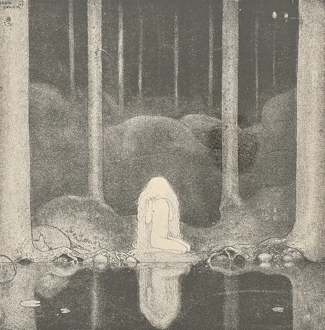JOHN BAUER. Mezzotypi, "Tuvstarr vid tjärnet", Tryckt signatur.
