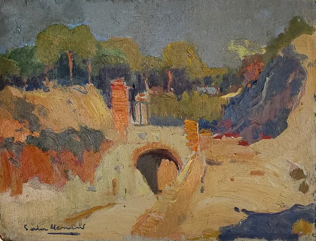 ANTONI SALA HERRERO. BARRIO DE HORTA, BARCELONA. ÓLEO SOBRE TABLA.