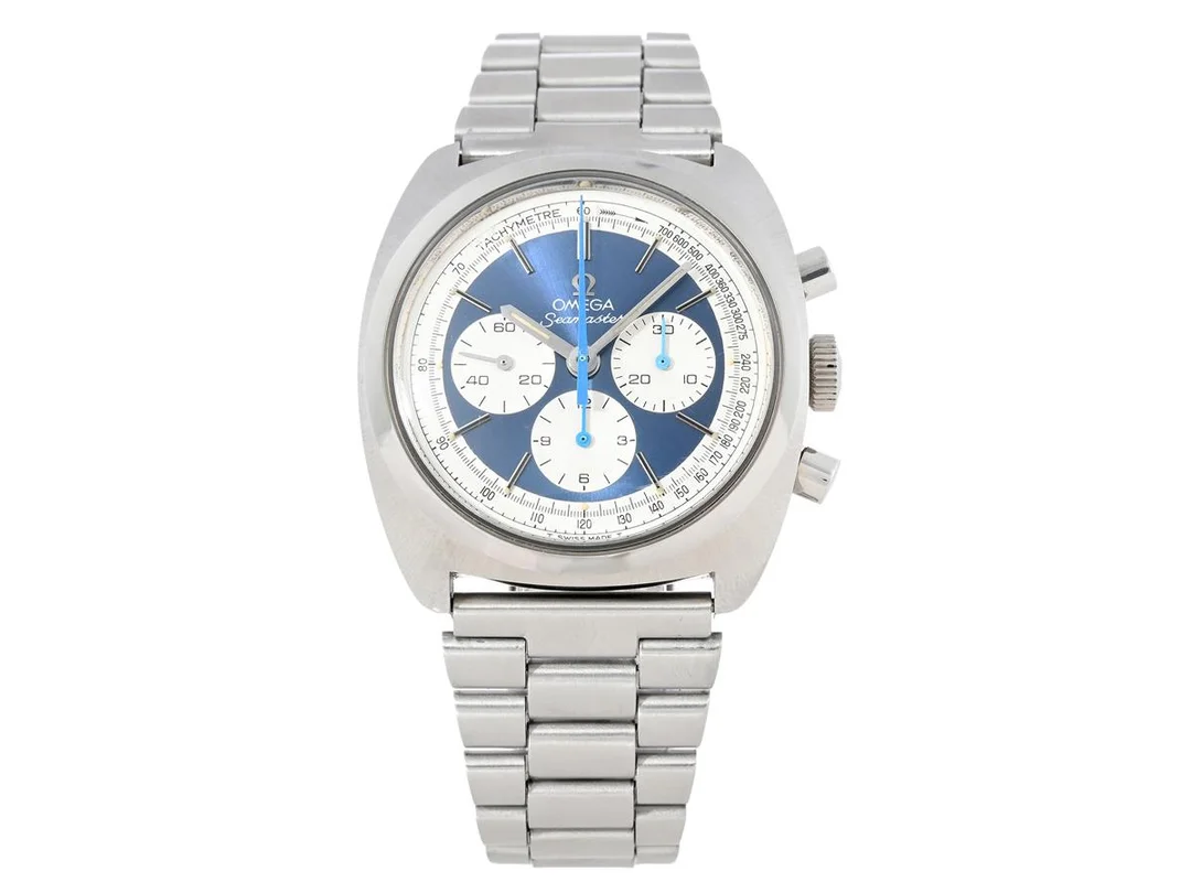 OMEGA, Seamaster (T Swiss Made T), "Tachymetre", Cal 861, Serie nr. 32210355, Ref nr. ST 145.029, Boett nr. 145.029, kronograf, herrur, 38 x 38 mm, stål, manuell, plexiglas, originallänk, viklås, Ref nr. 1162/172, ca 1970. — Klockor/Omega — Kaplans