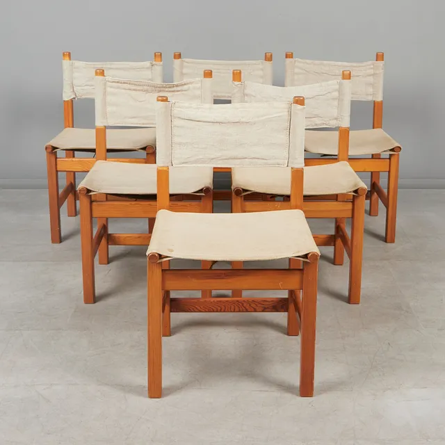 TOMAS JELINEK. Ikea, Set Esszimmerstühle / Stühle, Modell 'Kotka', Kieferholz, Leinen, 1980er Jahre, Schweden. (6).