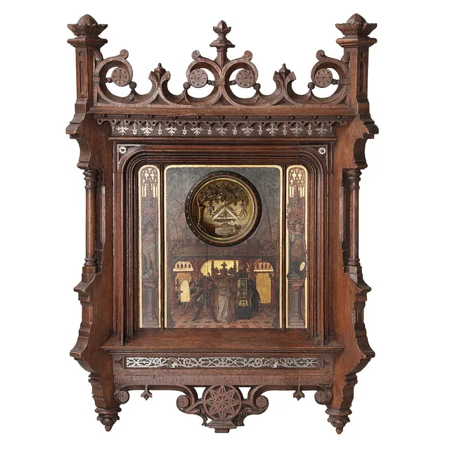 A 19TH CENTURY CARVED OAK & POLYCHROME MASONIC PANEL, CIRCA 1850-70.