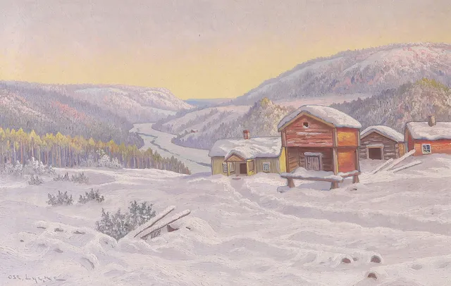 OSCAR LYCKE. Vinterlandskap med hus, olja på duk, signerad Oss. Lycke.
