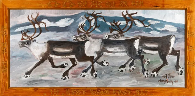 LARS PIRAK (1932-2008). Olja på duk med handsnidad ram, motiv av renar på fjäll, signerad och daterad 1988.