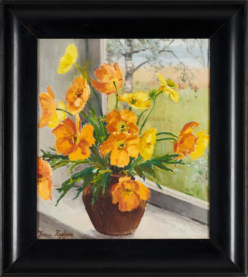 KARIN KARLSSON (1897-1979). Blomstervas vid fönster, signerad och daterad -34, olja på duk. — Paintings — Crafoord Auktioner Stockholm