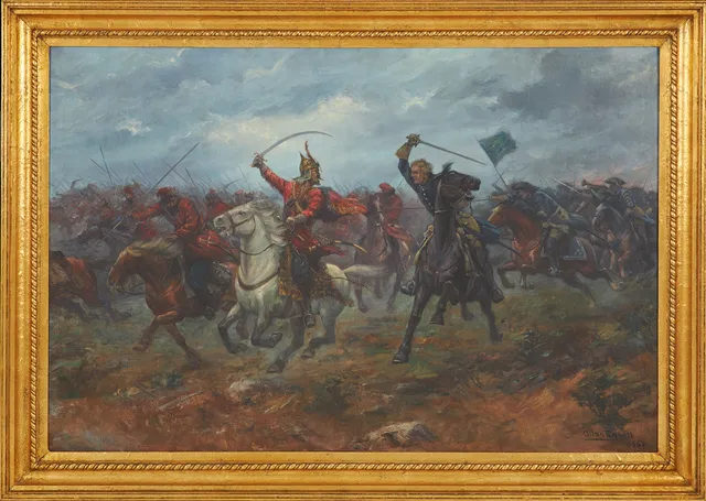 ALLAN EGNELL. Motiv med Karl XII och karoliner i strid, signerad samt daterad 1944, är möjligen tänkt att avbilda den s k "Kalabaliken i Bender" 1713, olja på duk.