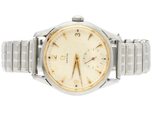 OMEGA, herrur, 36 mm, Cal 266, Serie nr. 13276328, Ref nr. CK 2639, Boett nr. 2639-9, stål (Staybrite), manuell, plexiglas, liten sekundvisare, skadad urtavla, skadad boett (se bilder), ca 1953, metallänk ej original.