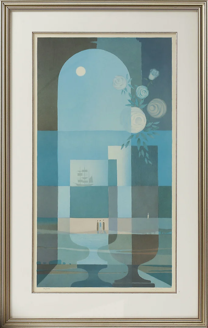 SVEN JONSON. Surrealistisk bild, färglitografi, signerad och numrerad 141/390. — Engravings & Prints — Göteborgs Auktionsverk