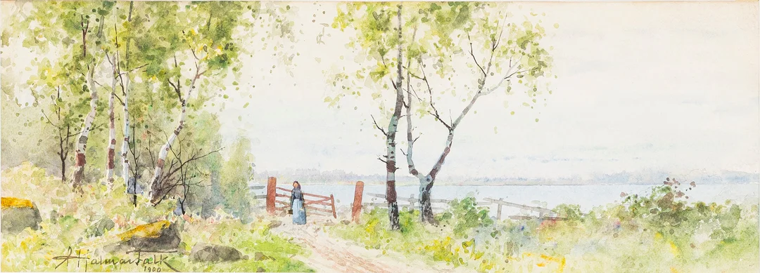 HJALMAR FALK (1856-1938). Kvinna vid grind, akvarell på papper, signerad, daterad 1900. — Paintings — Auktionshuset Kolonn