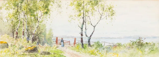 HJALMAR FALK (1856-1938). Kvinna vid grind, akvarell på papper, signerad, daterad 1900.