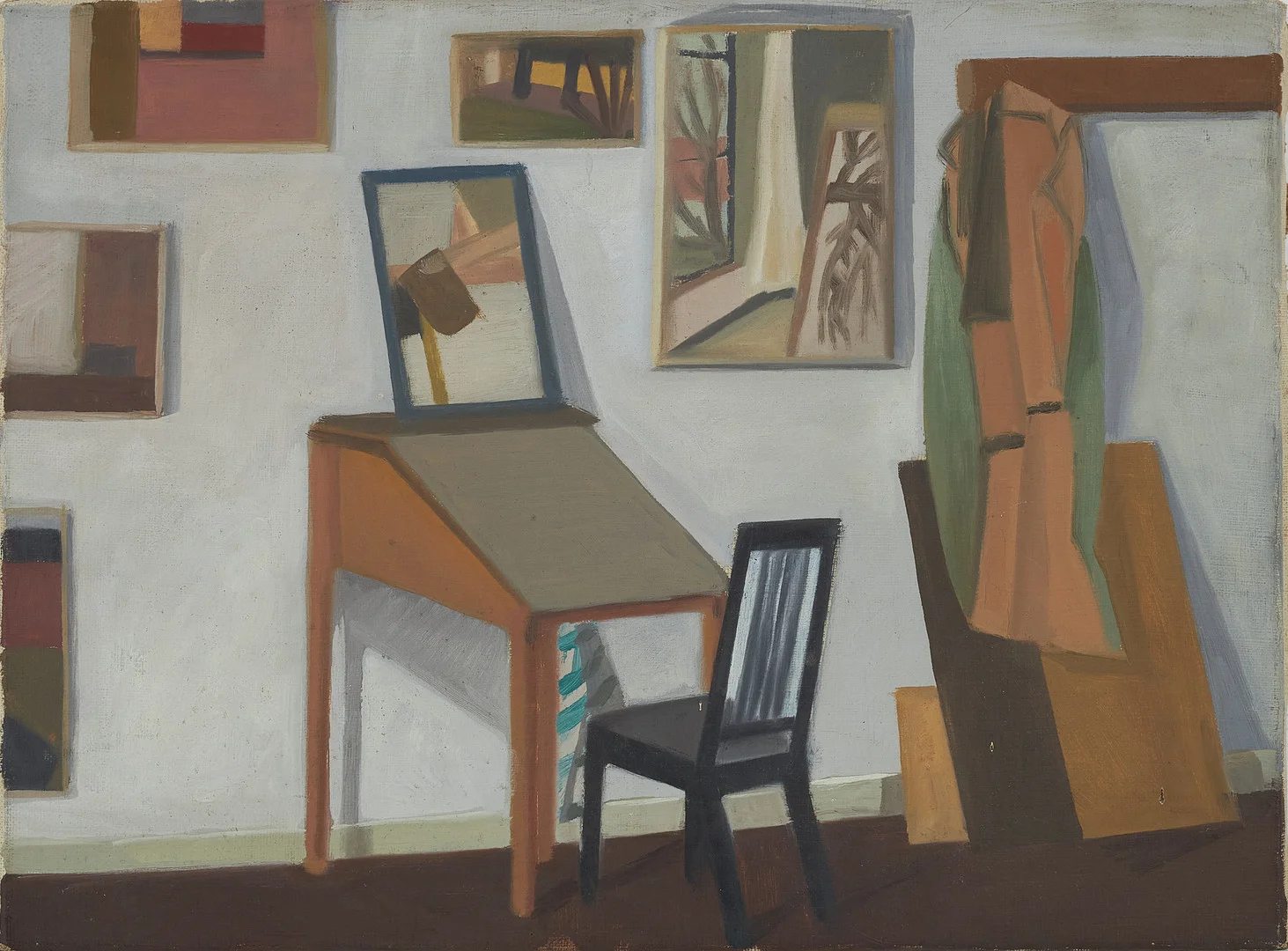 BJÖRN HALLSTRÖM. TILLSKRIVEN. Interiörscen samt husfasader a tergo, olja på duk, osignerade. — Paintings — Stockholms Auktionsverk Sickla