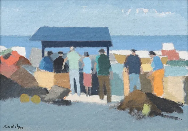 STIG WERNHEDEN. "Fiskförsäljning, Bornholm", olja på duk, signerad.
