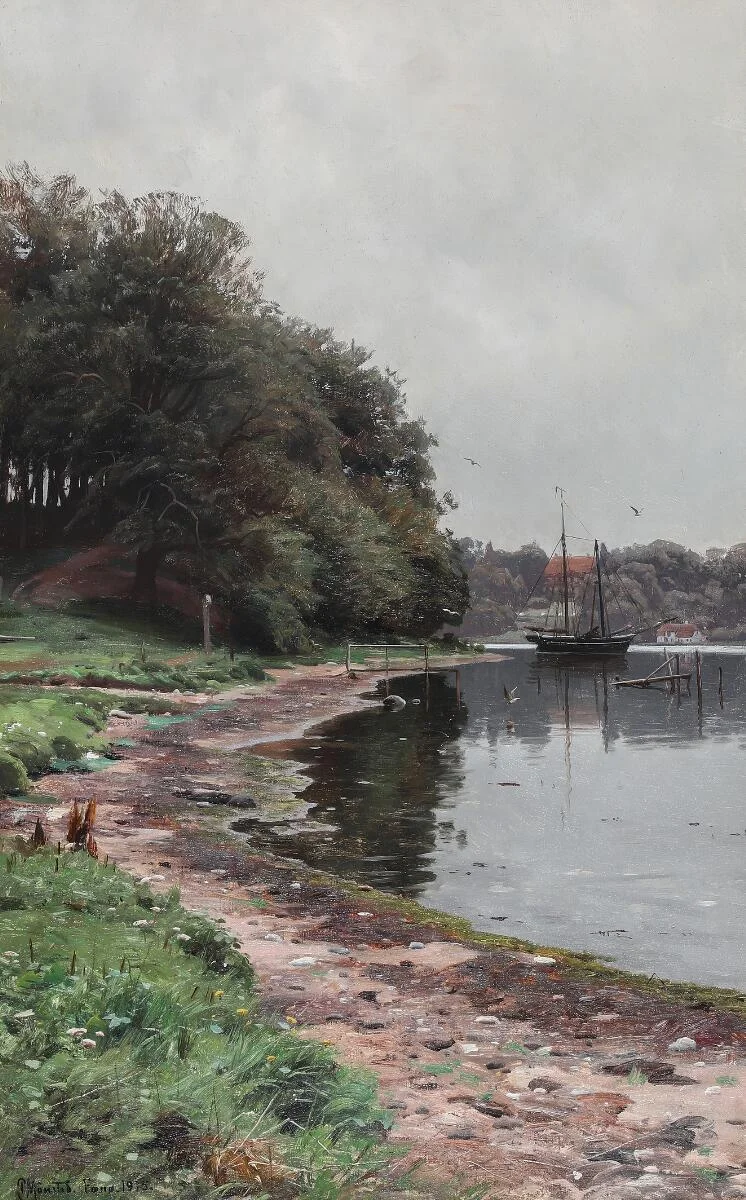 Coastal scene from Fænø with a view of Hindsgavl Castle. Signed and dated P. Mønsted, Fænø, 1915. Oil on canvas. 82×52 cm. — Paintings — Bruun Rasmussen