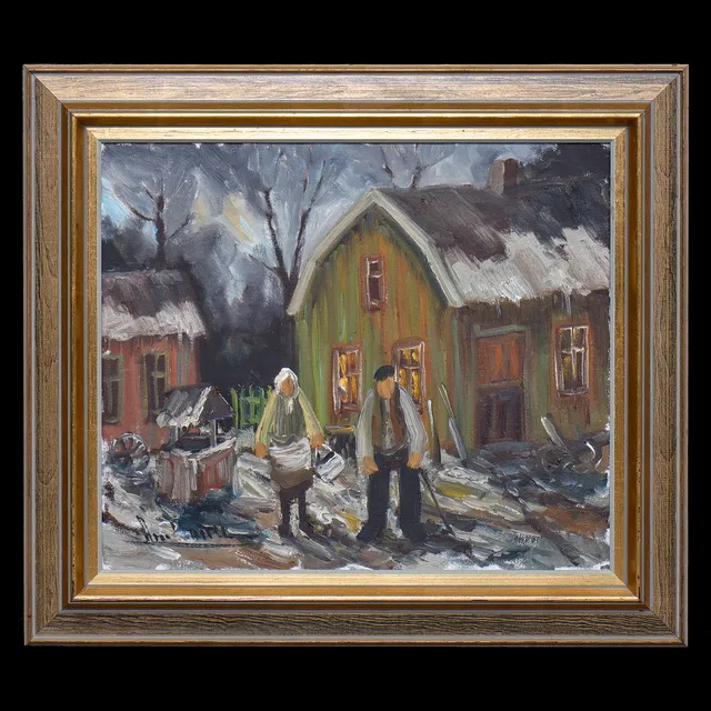 ARNE WALLSTEN (f. 1932) "EMIL o ANNA VID SIN STUGA" OLJA PÅ DUK, SIGNERAD, DATERAD 1978 A TERGO.
