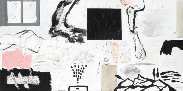 Untitled. Signed Kjeld Ulrich. Mixed media on canvas. 90×180 cm. Unframed.