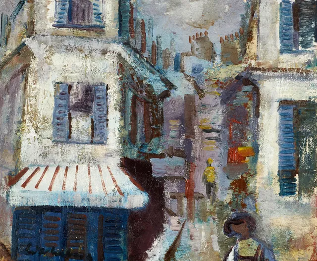 BERTIL WAHLBERG (1923–1980). Stadsliv, olja på pannå, signerad.