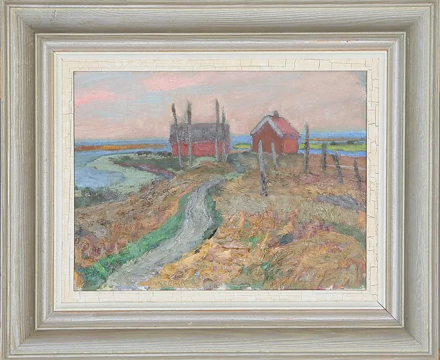 LENNART ÖRNEBÄCK. Landskap med hus, olja på duk.