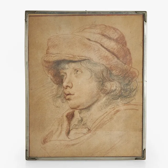 FIRMA SVENSKT TENN. Ram, tenn, detaljer i mässing, 1929, med reproduktion efter Rubens.