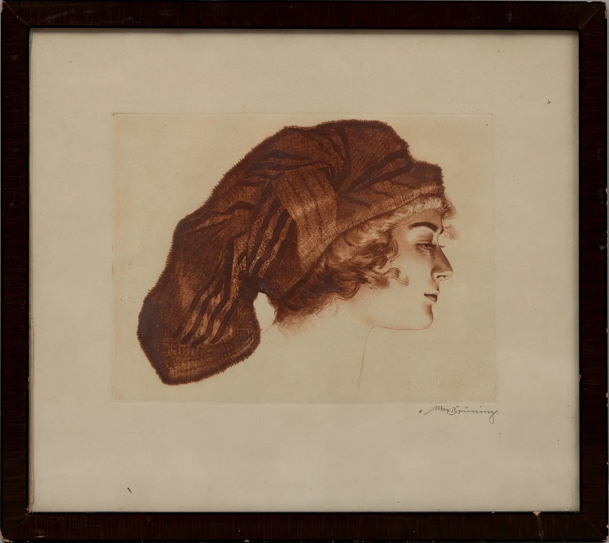 MAX BRÜNING. Kvinna i profil, färgetsning, linje och akvatint, signerad i blyerts. — Engravings & Prints — Auktionshuset Kolonn