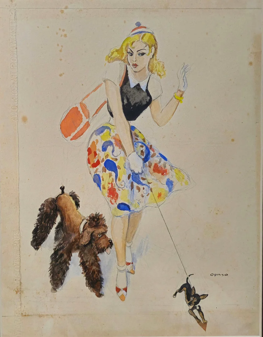RICARD OPISSO. CHICA PASEANDO CON PERRO. TÉCNICA MIXTA SOBRE PAPEL. — Drawings — Barcelona Auctions